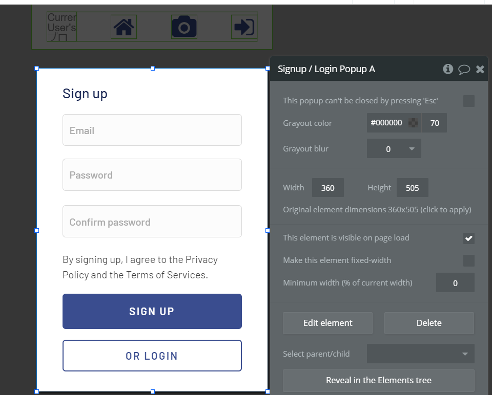 bubble　Signup/Login Popupを配置